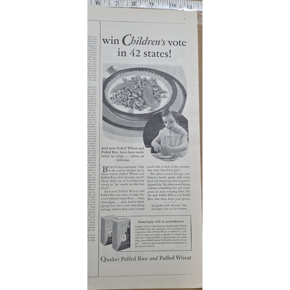 1917 & 1932 Quaker Oats Puffed Wheat Rice Corn Cereal Vintage Print Ads